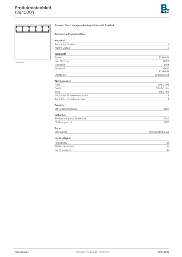 Bild Berker Produktdatenblatt 13940004 | Hager Deutschland