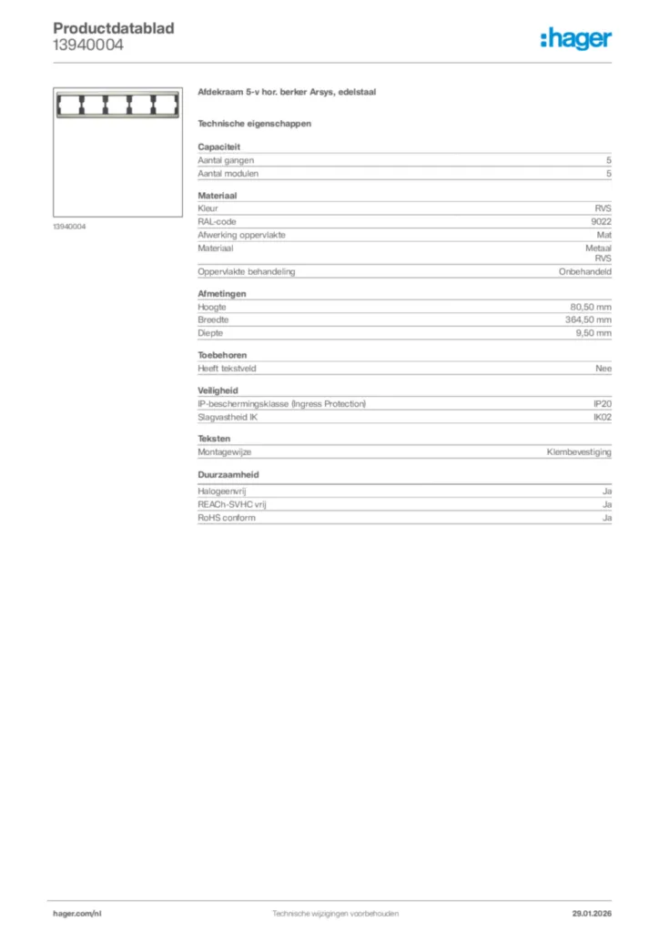 Afbeelding Hager Productdatablad 13940004 | Hager Nederland