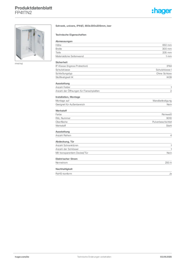 Bild Hager Produktdatenblatt FP41TN2 | Hager Deutschland