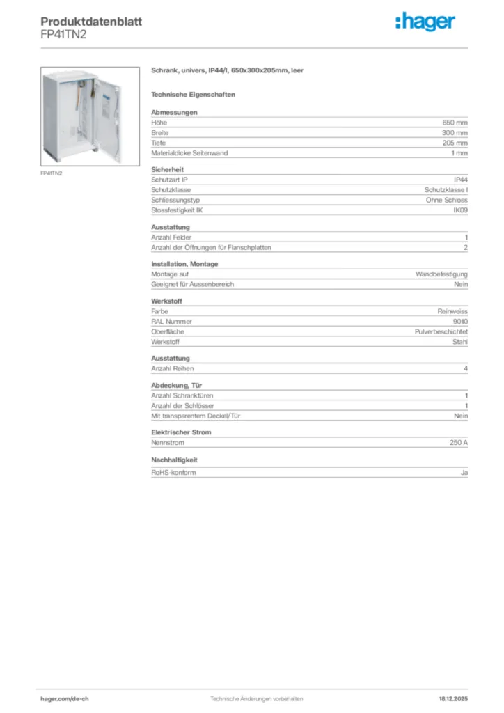 Bild Hager Produktdatenblatt FP41TN2 | Hager Schweiz