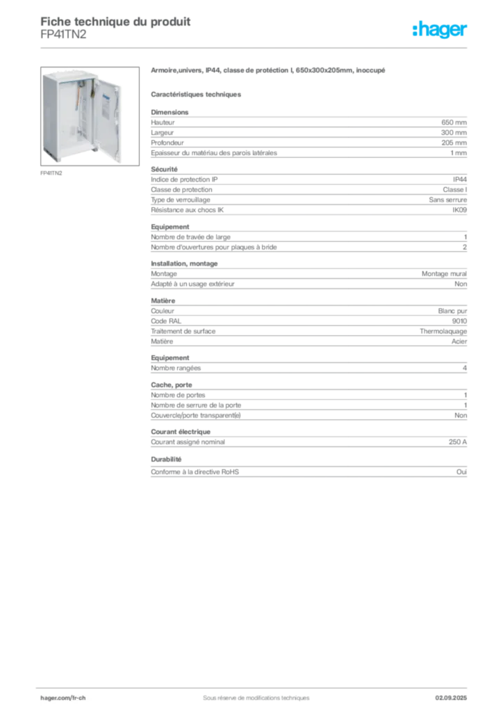 Image Hager Fiche technique du produit FP41TN2 | Hager Suisse
