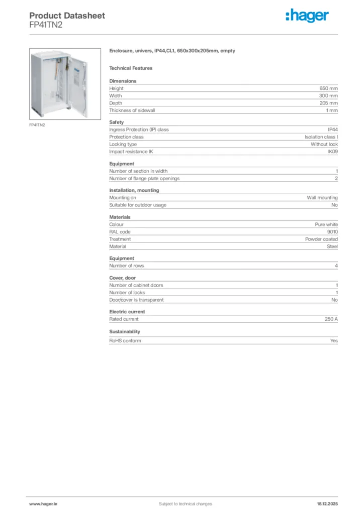 Image Hager Product data sheet FP41TN2  | Hager