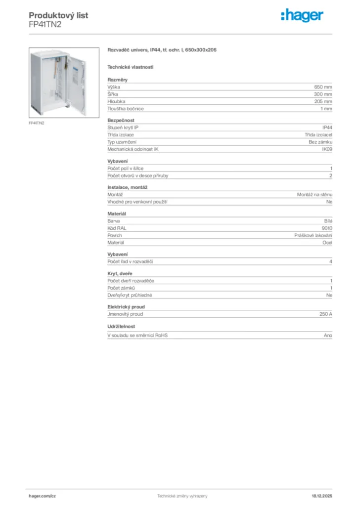 Obrázek Hager Produktový list FP41TN2 | Hager