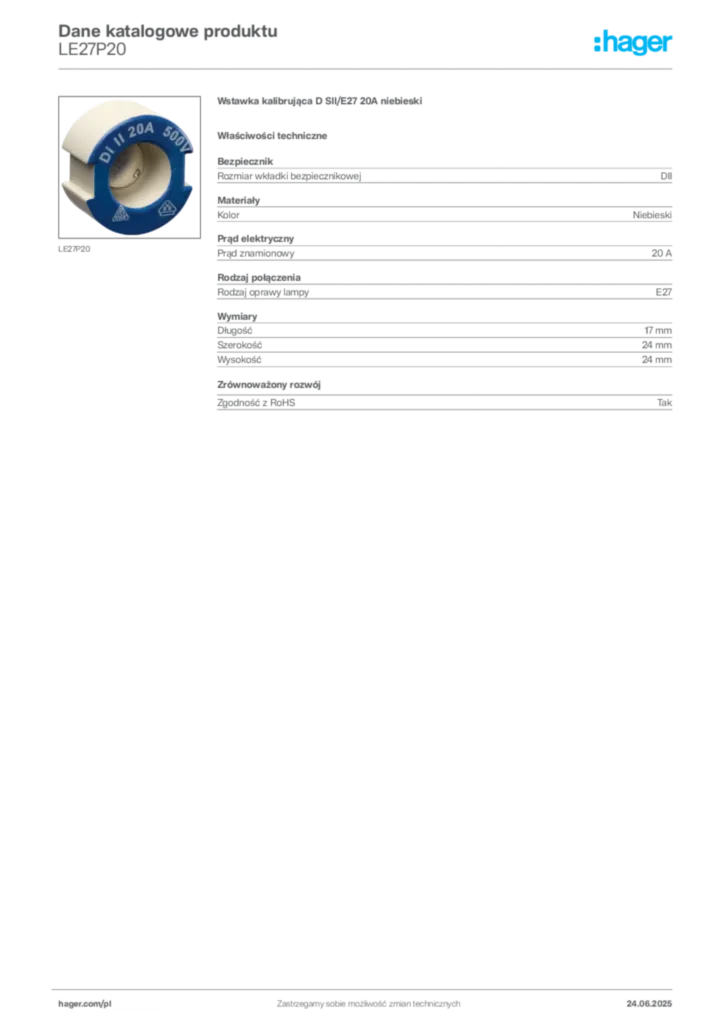 Zdjęcie Hager Karta katalogowa LE27P20 | Hager Polska