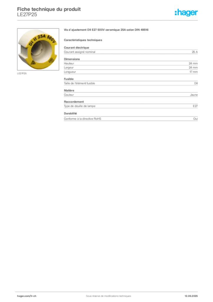 Image Hager Fiche technique du produit LE27P25 | Hager Suisse