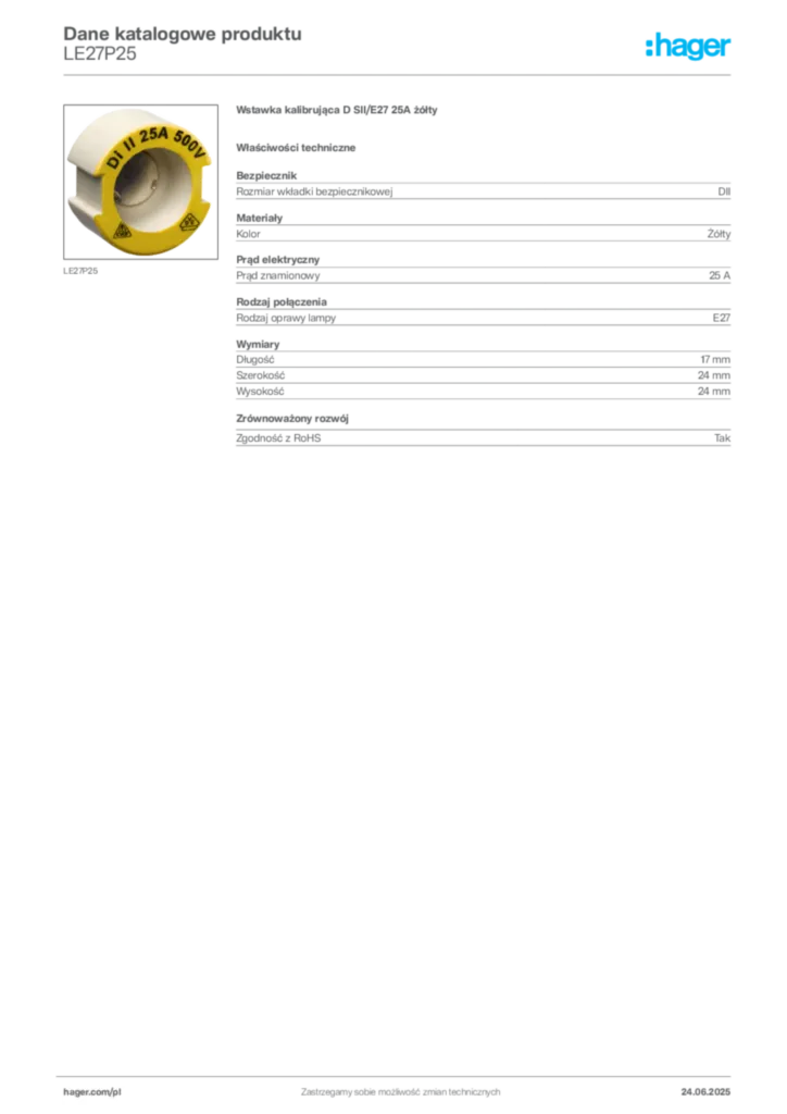Zdjęcie Hager Karta katalogowa LE27P25 | Hager Polska