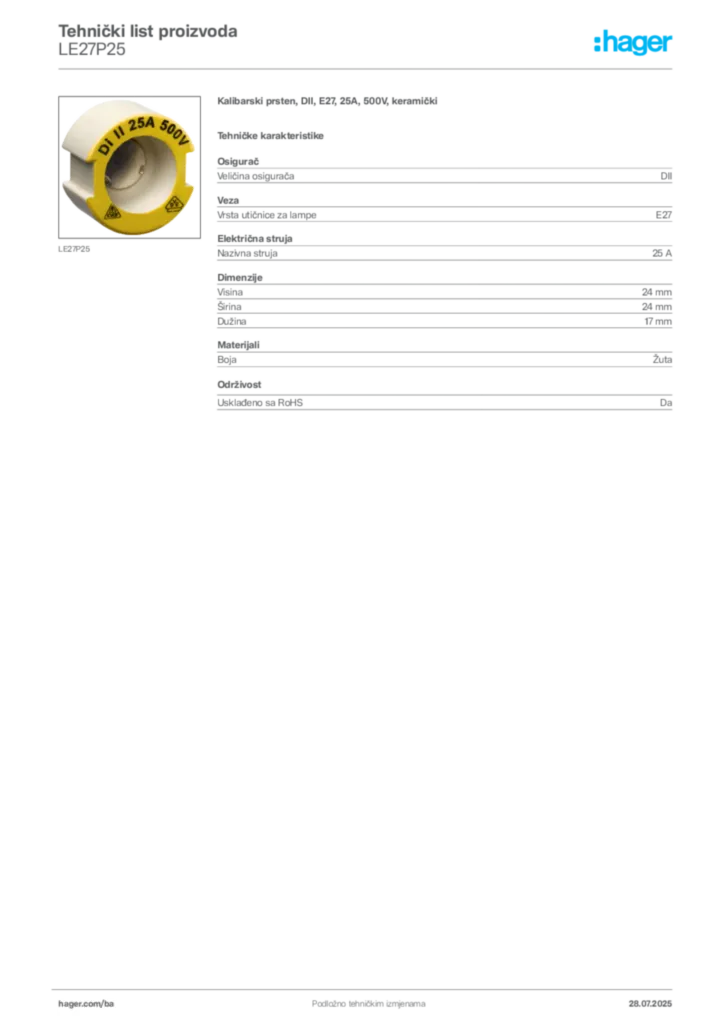 Slika Hager Product data sheet LE27P25  | Hager