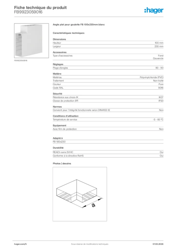 Image Hager Fiche technique du produit FB9923059016 | Hager France