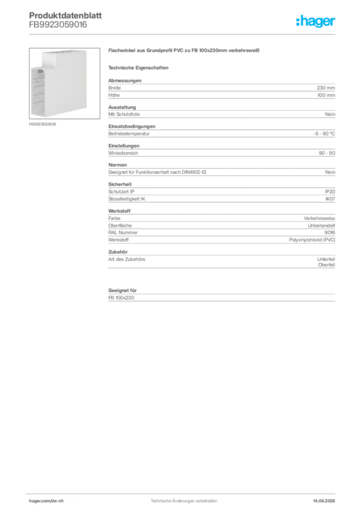 Bild Hager Produktdatenblatt FB9923059016 | Hager Schweiz