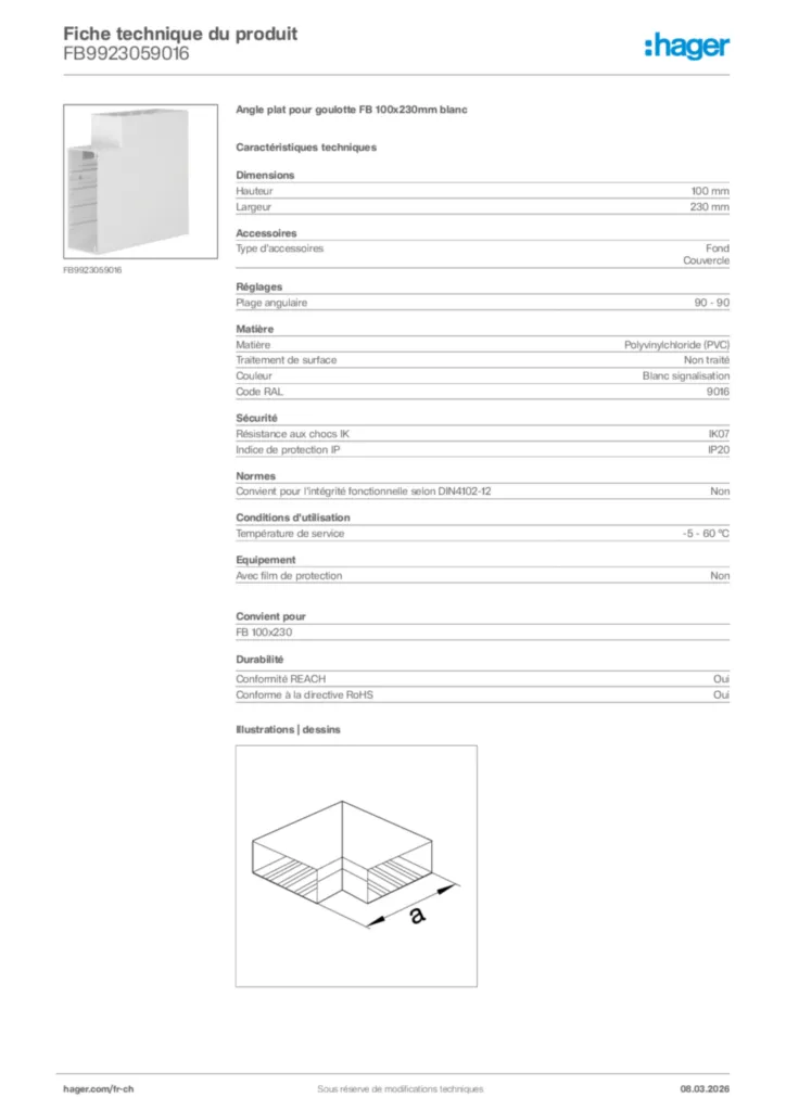 Image Hager Fiche technique du produit FB9923059016 | Hager Suisse