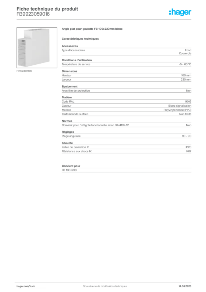 Image Hager Fiche technique du produit FB9923059016 | Hager Suisse