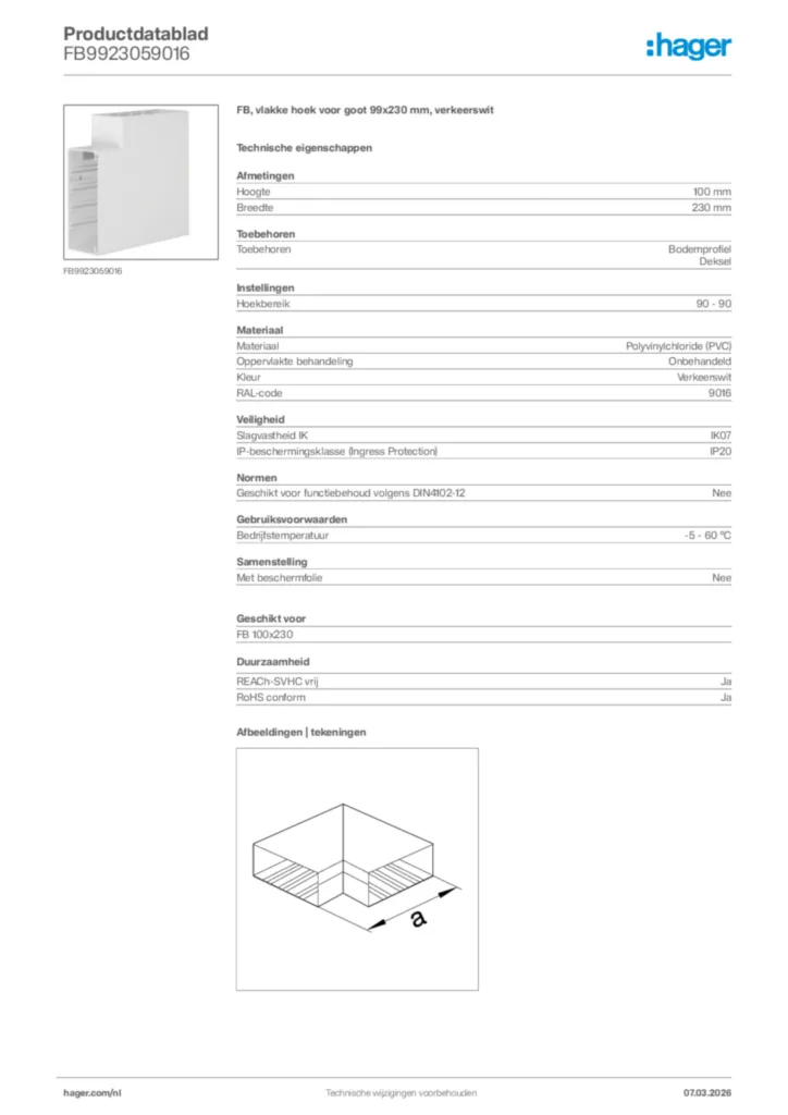 Afbeelding Hager Productdatablad FB9923059016 | Hager Nederland
