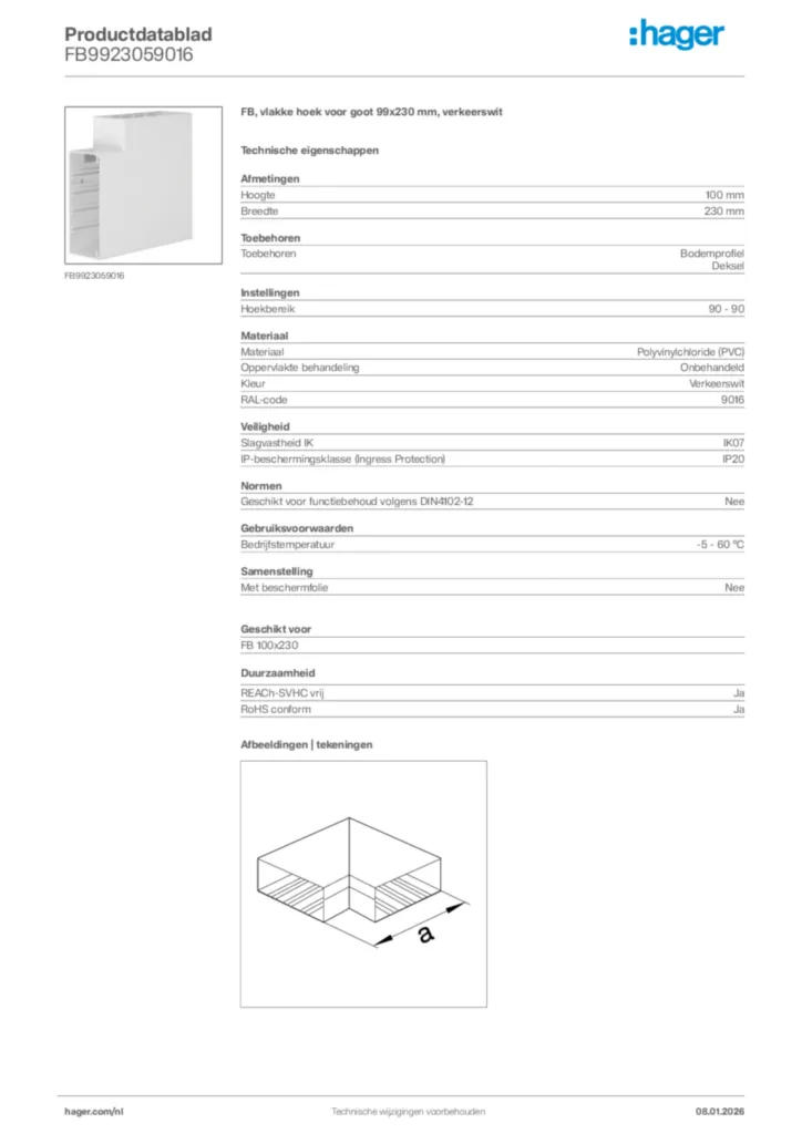 Afbeelding Hager Productdatablad FB9923059016 | Hager Nederland
