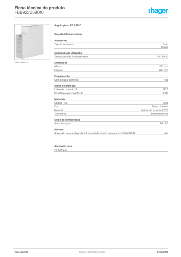 Imagem Hager Ficha técnica do produto FB9923059016 | Hager Portugal