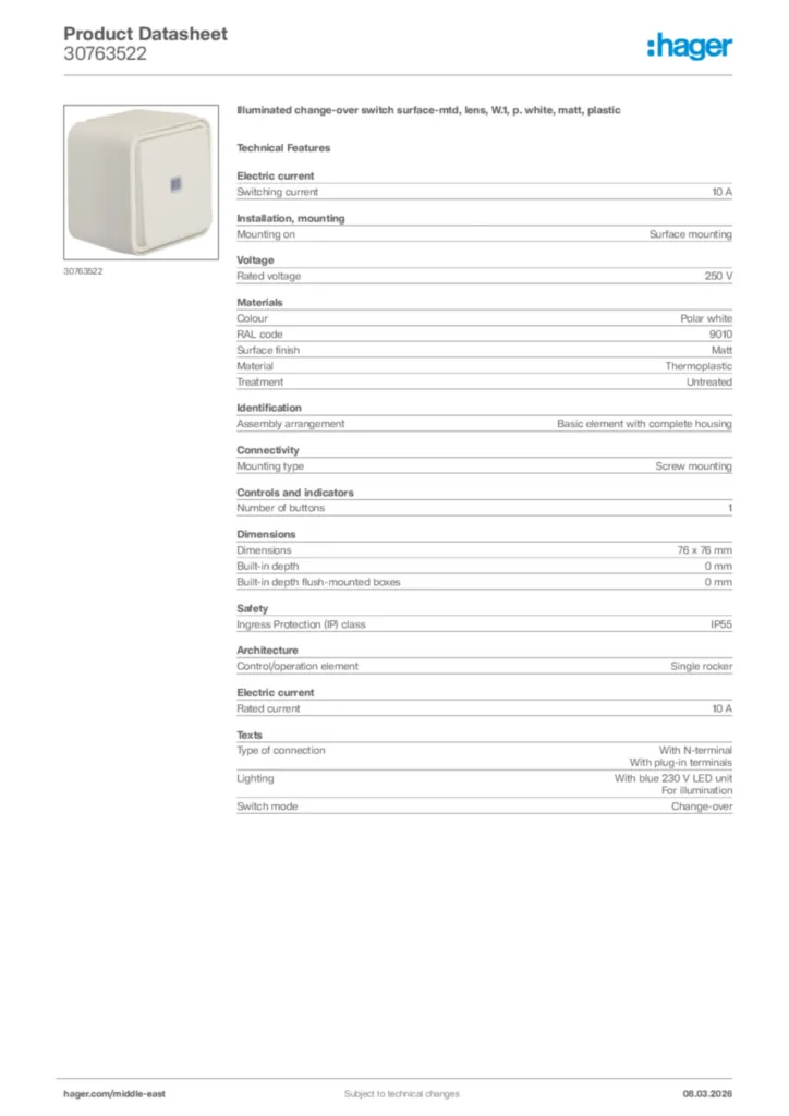 Image Hager Product data sheet 30763522  | Hager