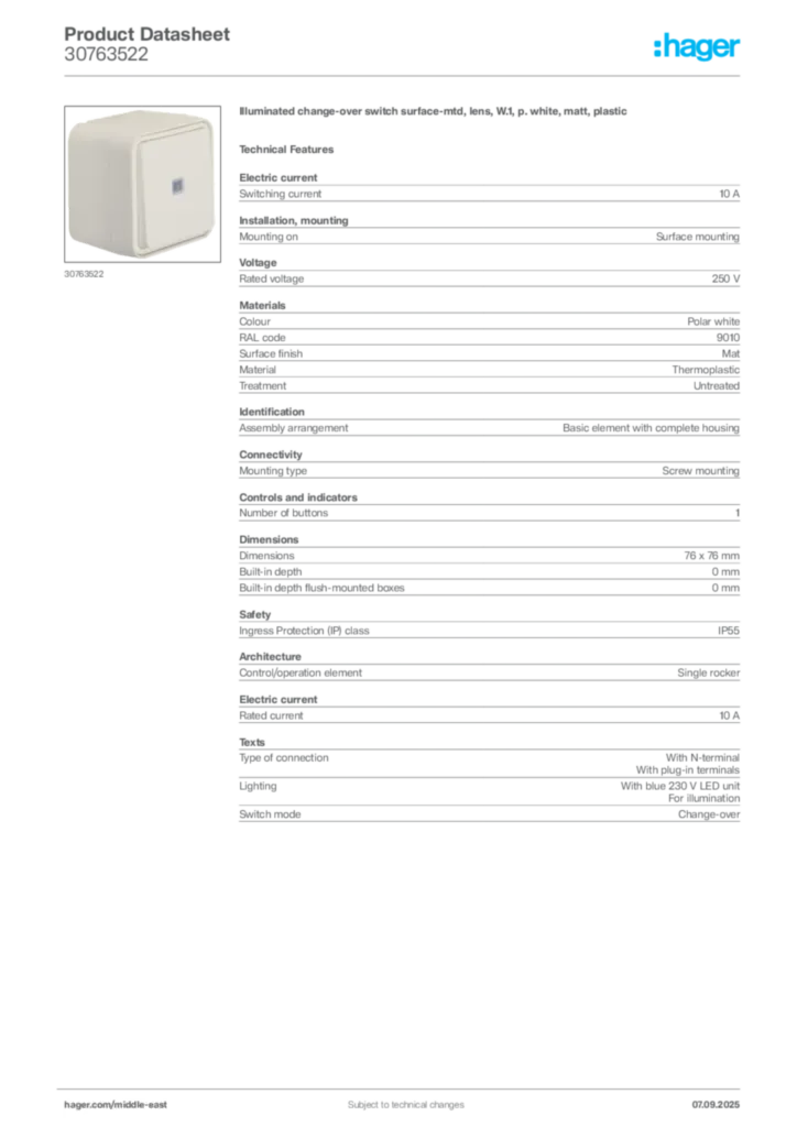 Image Hager Product data sheet 30763522  | Hager