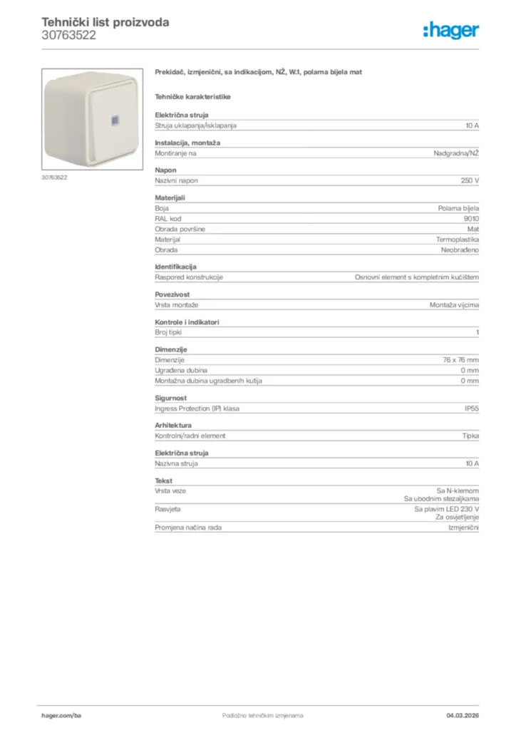 Slika Hager Tehnički list proizvoda 30763522  | Hager