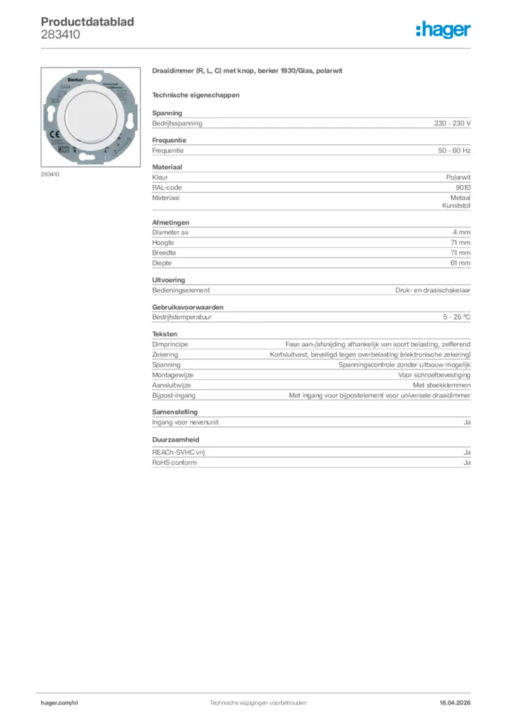 Afbeelding Hager Productdatablad 283410 | Hager Nederland