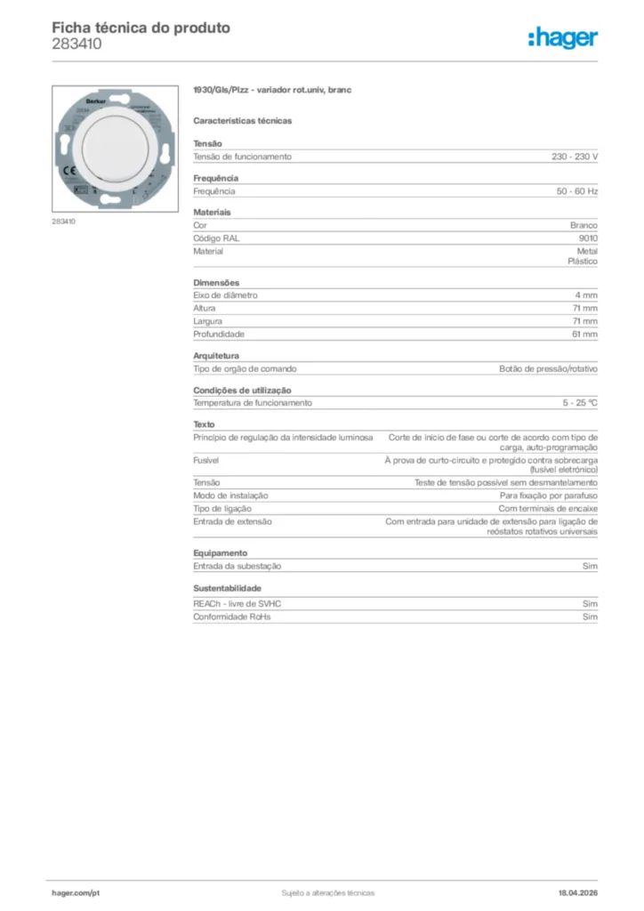 Imagem Hager Ficha técnica do produto 283410 | Hager Portugal