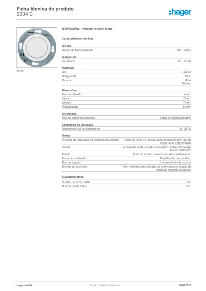 Imagem Hager Ficha técnica do produto 283410 | Hager Portugal