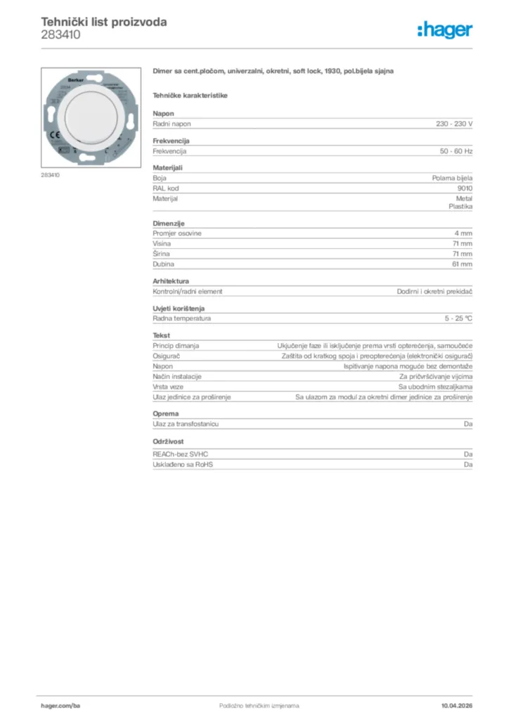 Slika Hager Tehnički list proizvoda 283410  | Hager