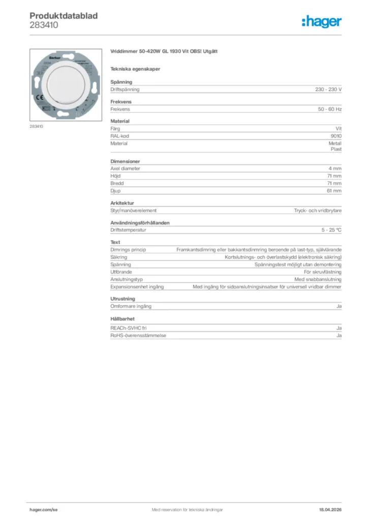Bild Hager Produktdatablad 283410 | Hager Sverige