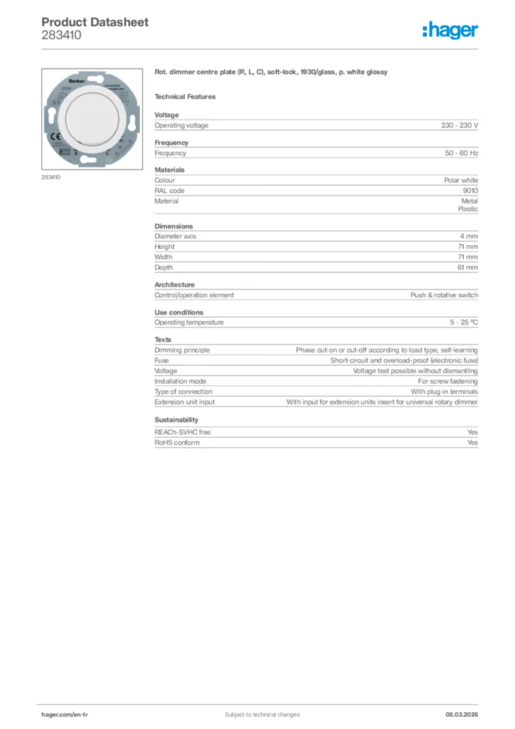 Image Hager Product data sheet 283410  | Hager