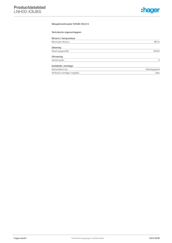 Afbeelding Hager Productdatablad LNH00-X3UBS | Hager Nederland