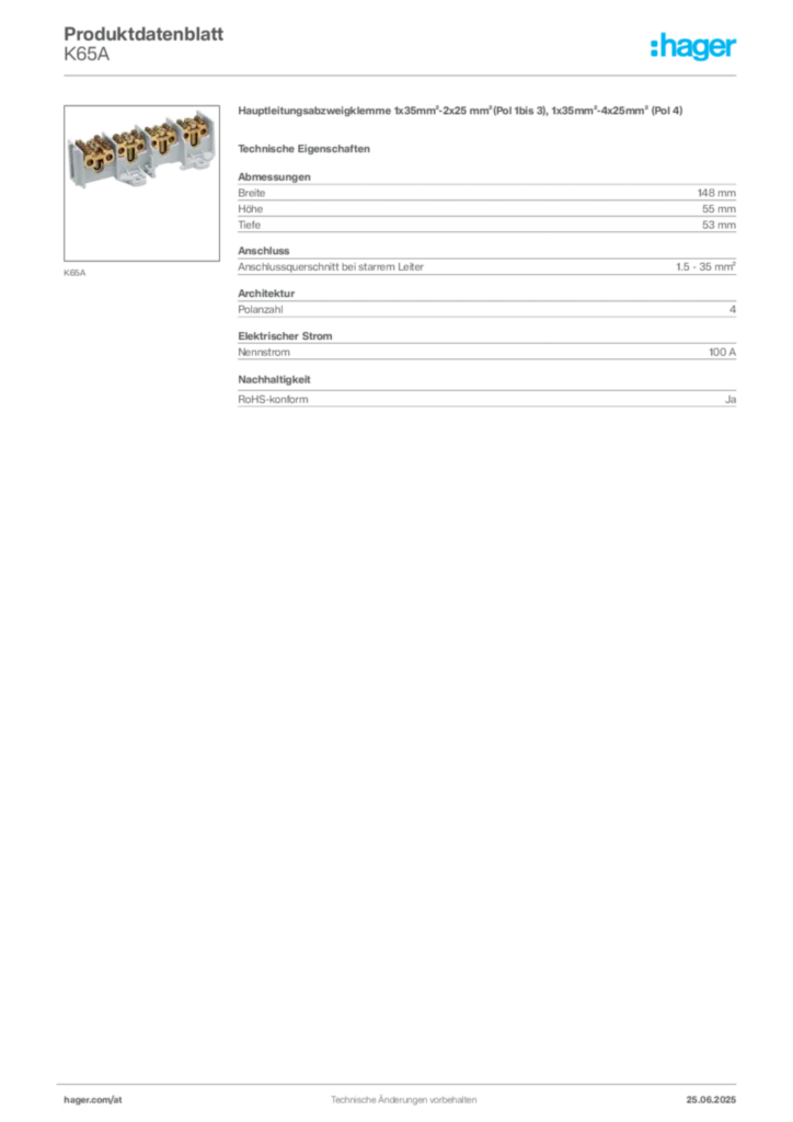 Bild Hager Produktdatenblatt K65A | Hager Deutschland