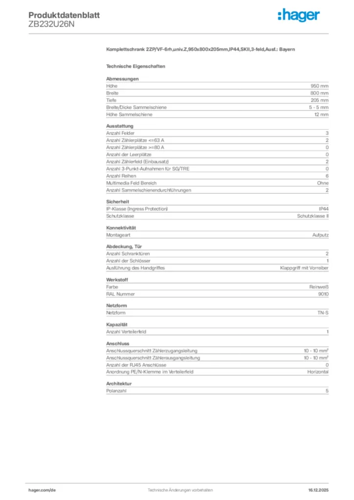 Bild Hager Produktdatenblatt ZB232U26N | Hager Deutschland