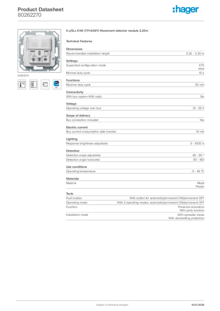Image Hager Product data sheet 80262270  | Hager Africa