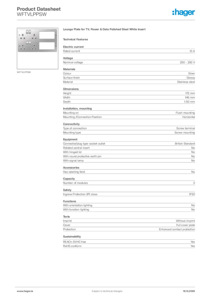 Image Hager Product data sheet WFTVLPPSW  | Hager