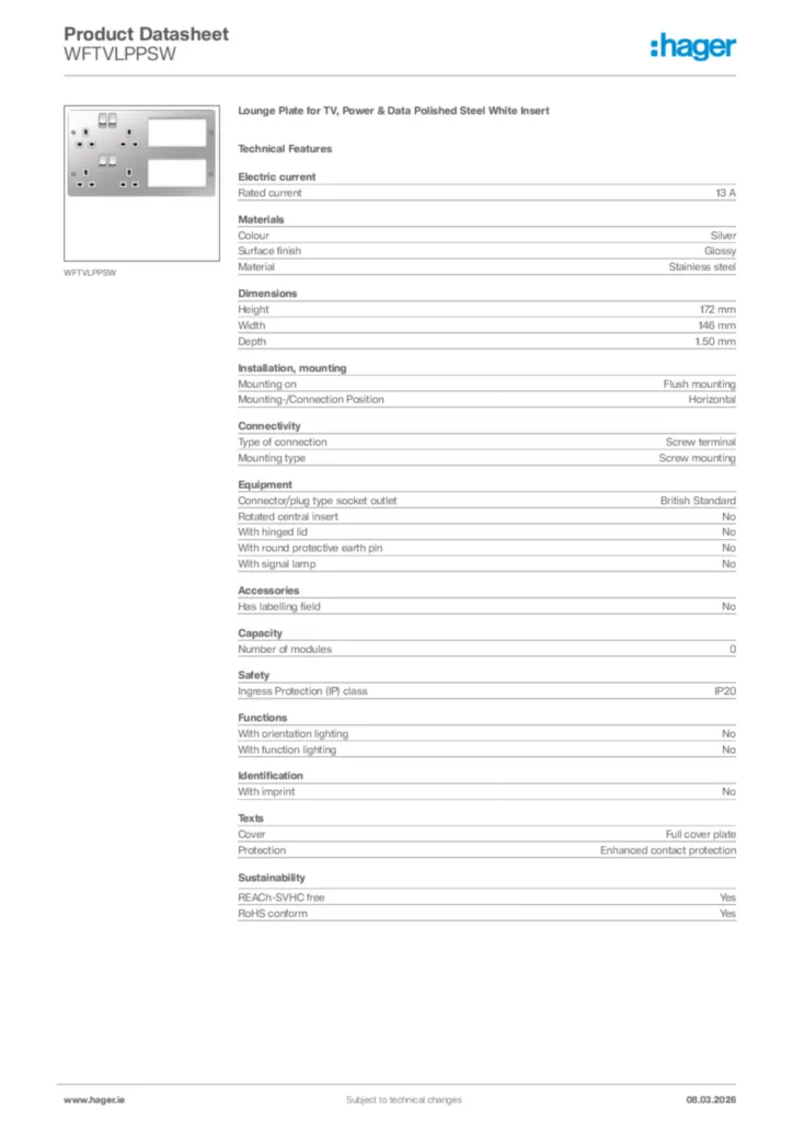 Image Hager Product data sheet WFTVLPPSW  | Hager