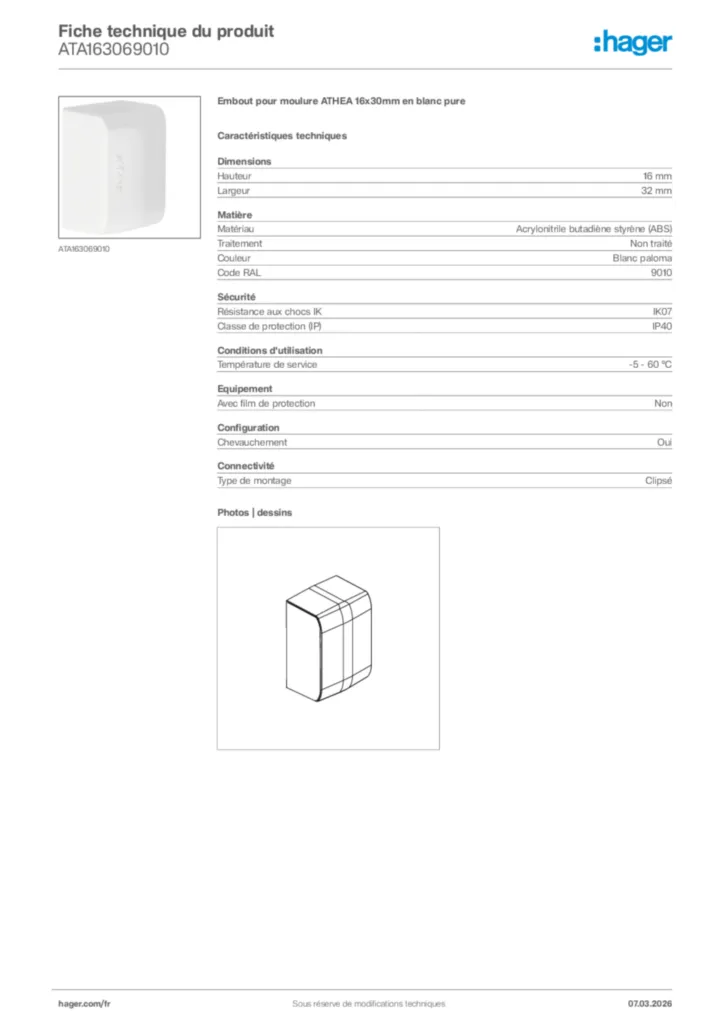 Image Hager Fiche technique du produit ATA163069010 | Hager France