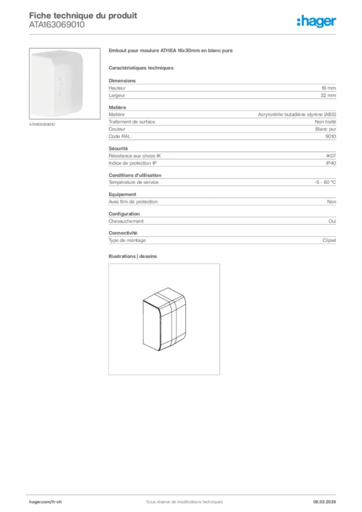 Image Hager Fiche technique du produit ATA163069010 | Hager Suisse
