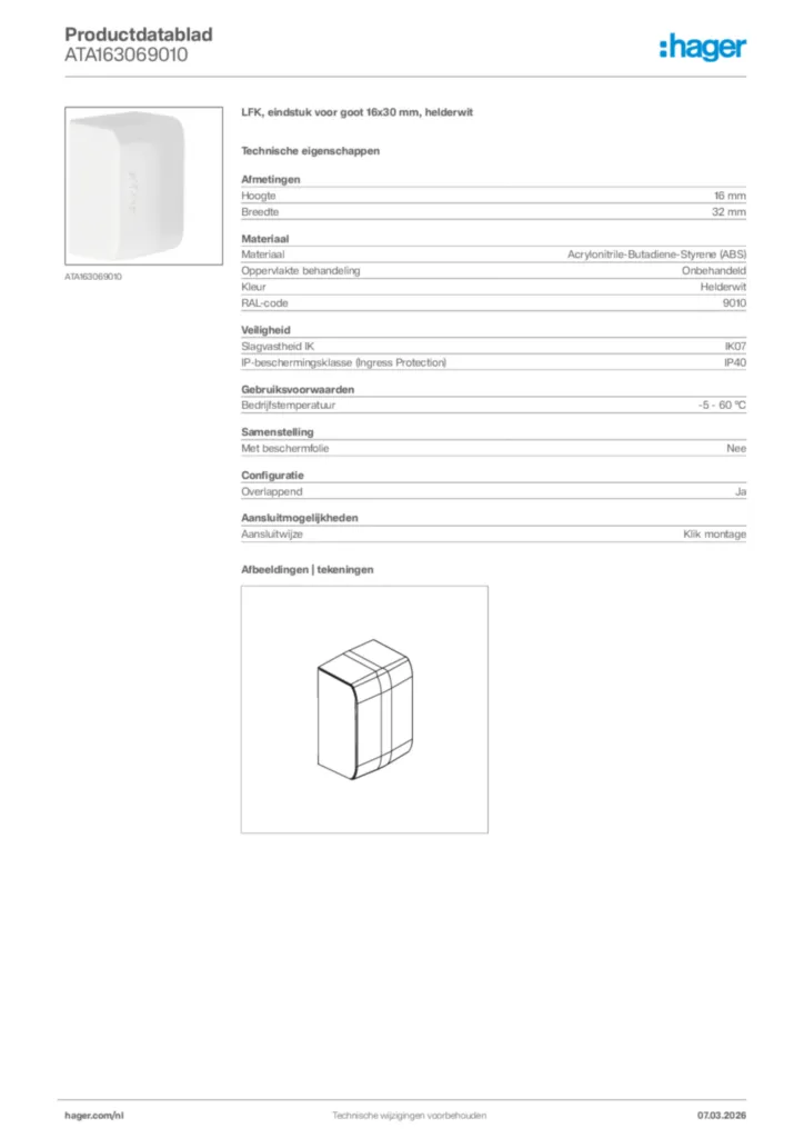 Afbeelding Hager Productdatablad ATA163069010 | Hager Nederland