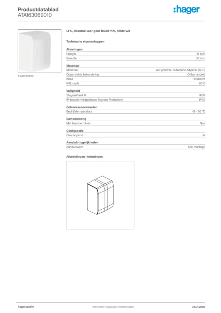 Afbeelding Hager Productdatablad ATA163069010 | Hager Nederland