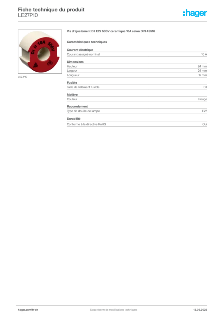 Image Hager Fiche technique du produit LE27P10 | Hager Suisse
