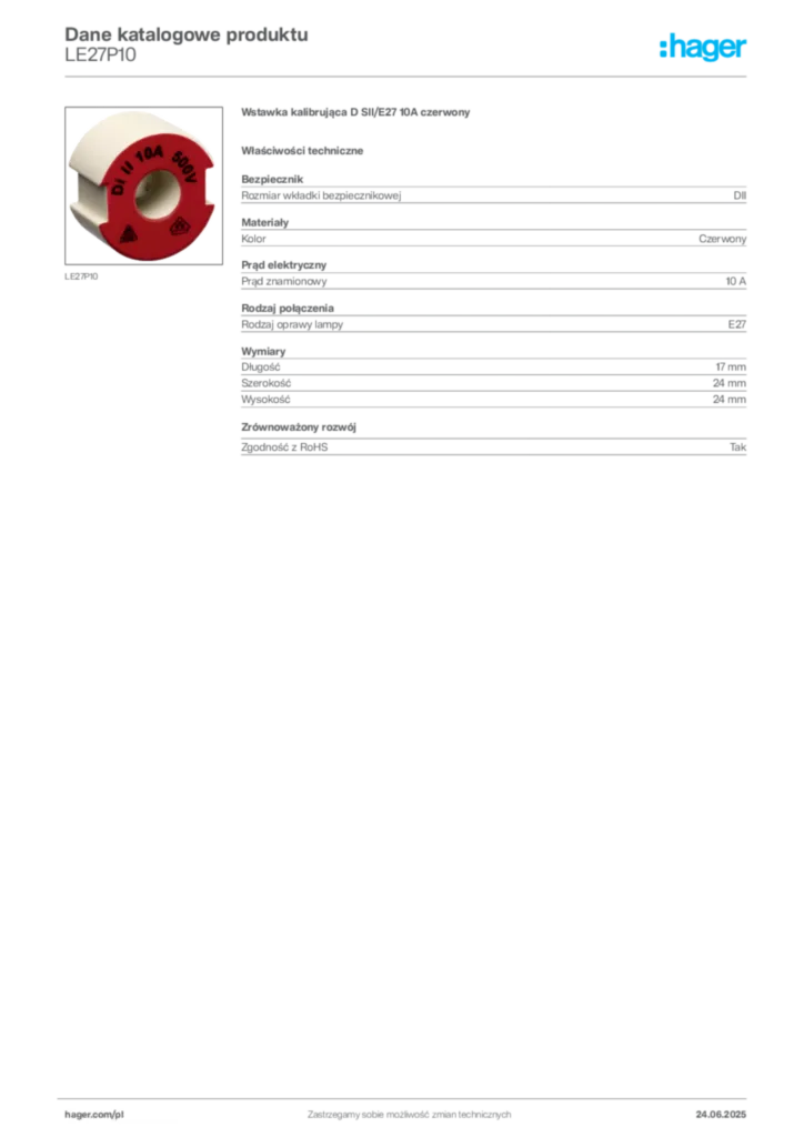 Zdjęcie Hager Karta katalogowa LE27P10 | Hager Polska