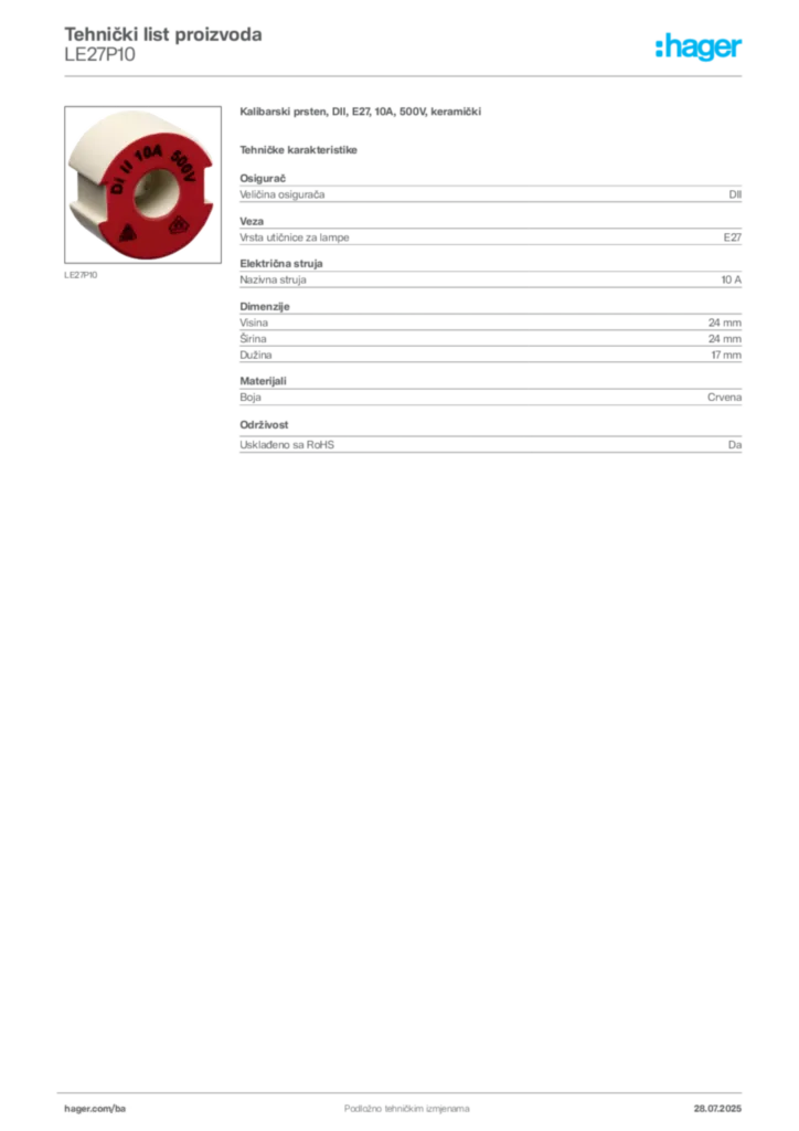 Slika Hager Product data sheet LE27P10  | Hager
