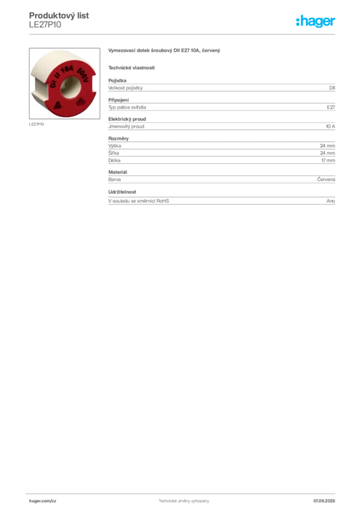 Obrázek Hager Produktový list LE27P10 | Hager