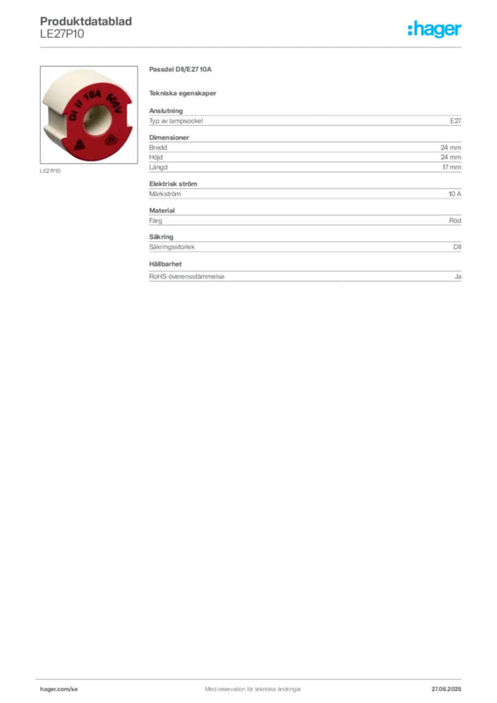 Bild Hager Produktdatablad LE27P10 | Hager Sverige