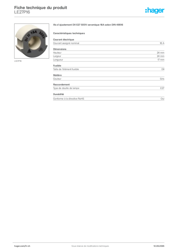 Image Hager Fiche technique du produit LE27P16 | Hager Suisse