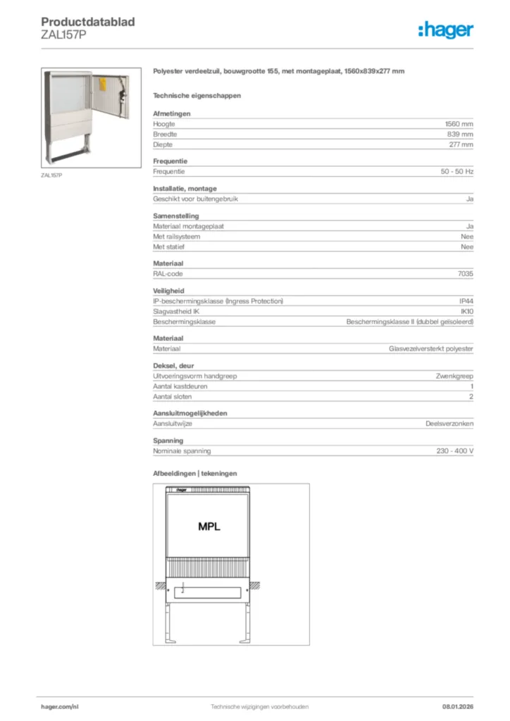 Afbeelding Hager Productdatablad ZAL157P | Hager Nederland