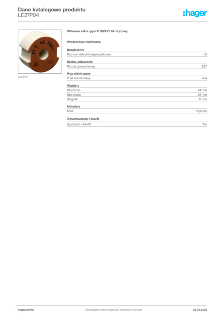 Zdjęcie Hager Karta katalogowa LE27P04 | Hager Polska