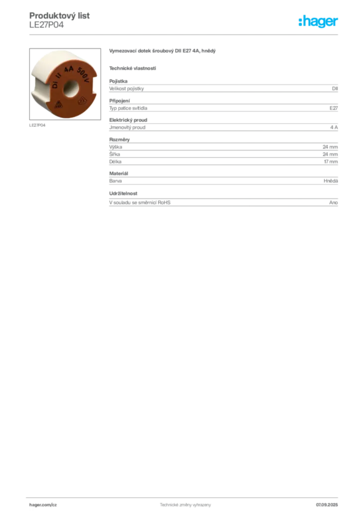 Obrázek Hager Produktový list LE27P04 | Hager