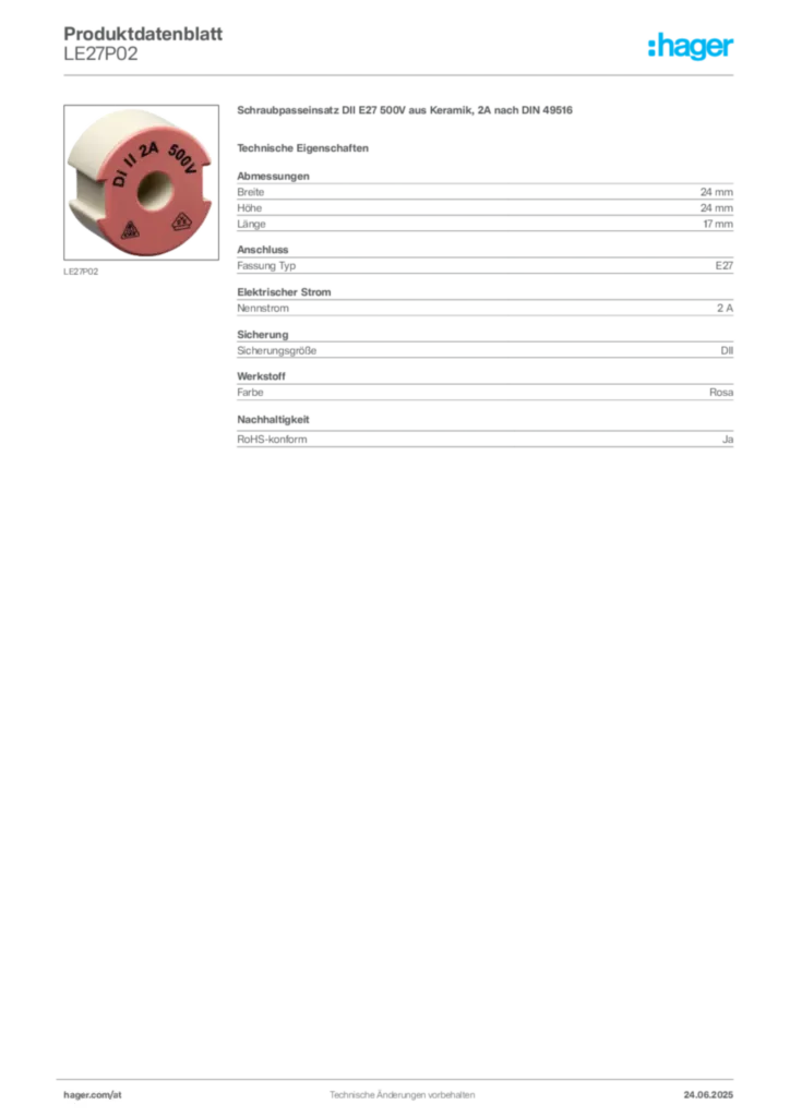 Bild Hager Produktdatenblatt LE27P02 | Hager Deutschland