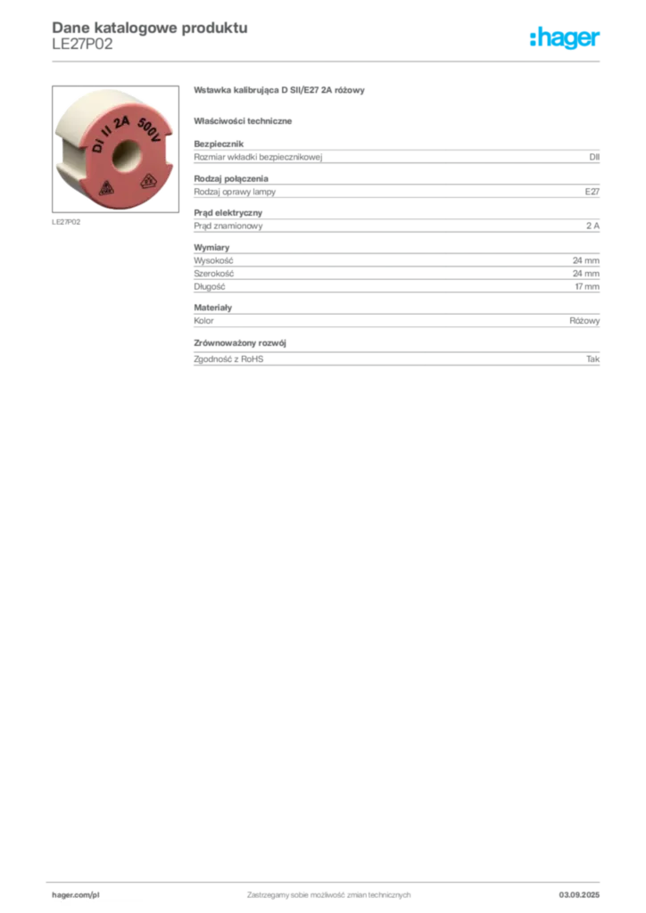 Zdjęcie Hager Karta katalogowa LE27P02 | Hager Polska