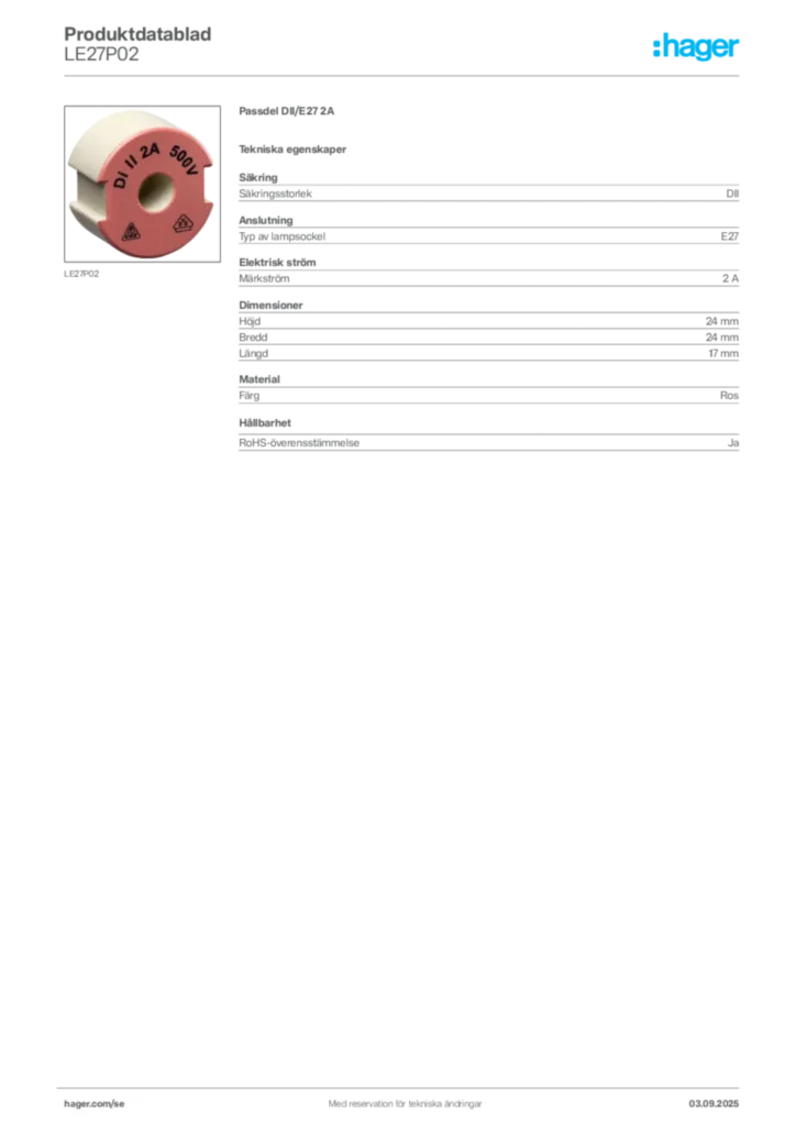 Bild Hager Produktdatablad LE27P02 | Hager Sverige