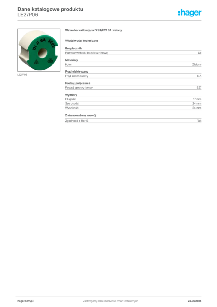Zdjęcie Hager Karta katalogowa LE27P06 | Hager Polska